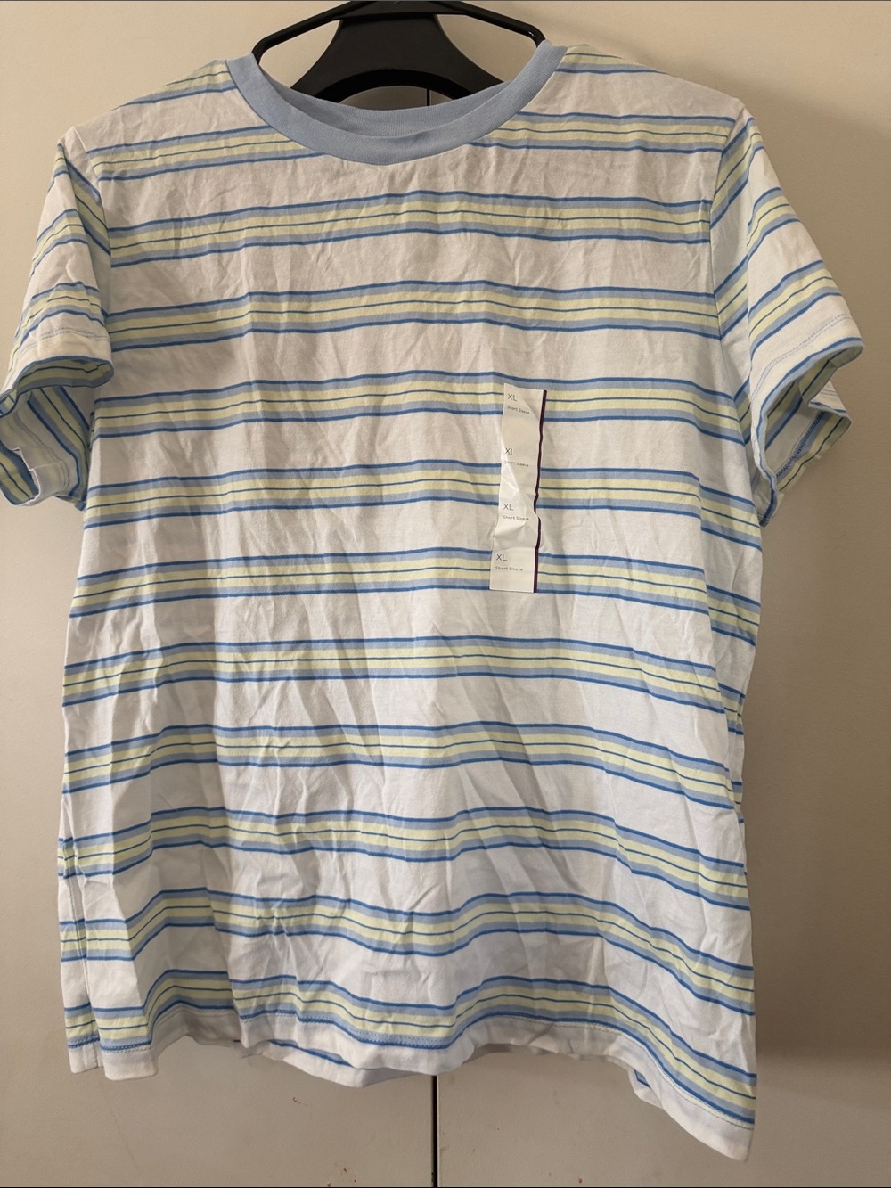Striped Crewneck T‑Shirt in White with Blue & Yellow Stripes